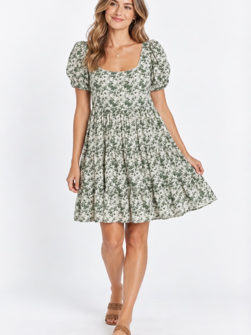 Krewe Du Q Green Floral Toile Puff Sleeve Cottagecore Mini Dress Size S